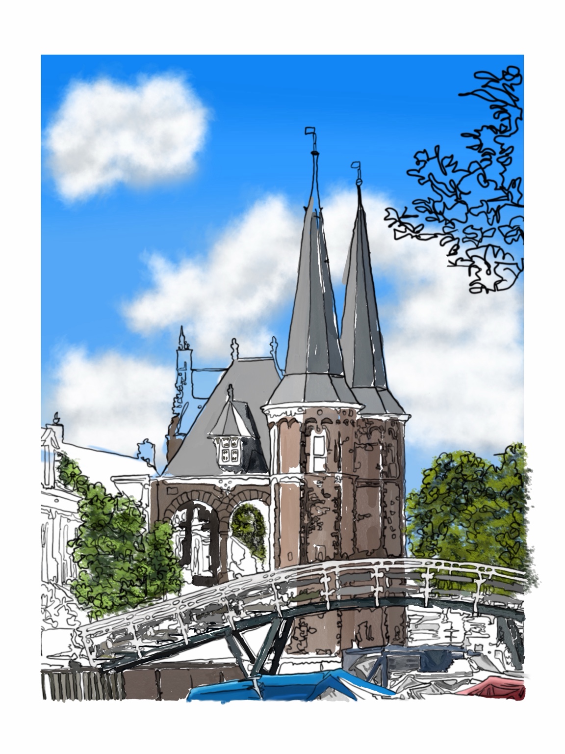 Tekenversie van de Waterpoort in Sneek met losse zwarte lijnen en deels ingekleurde vlakken.
