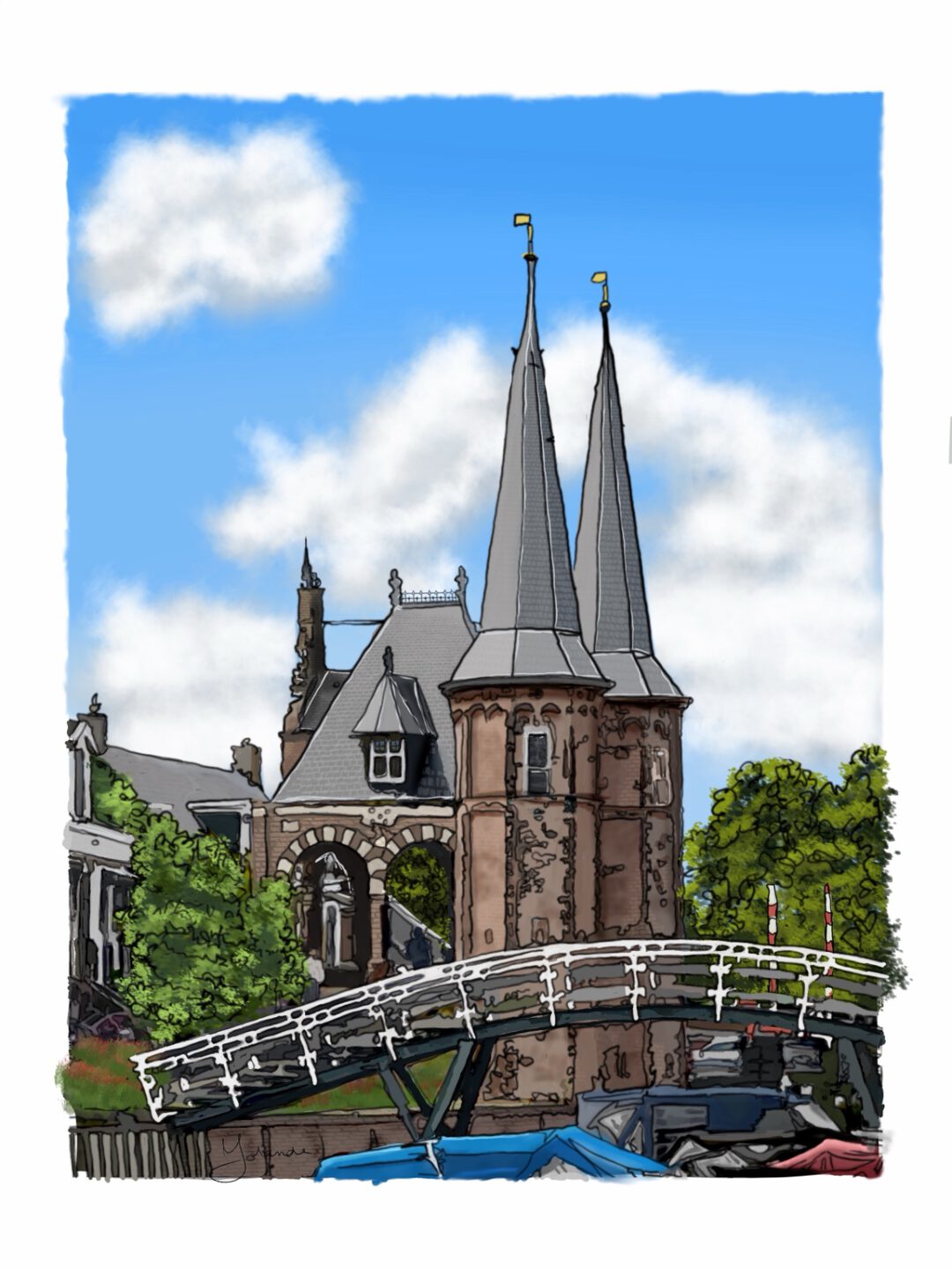Tekening van de Waterpoort in Sneek met de witte brug en een blauwe lucht
