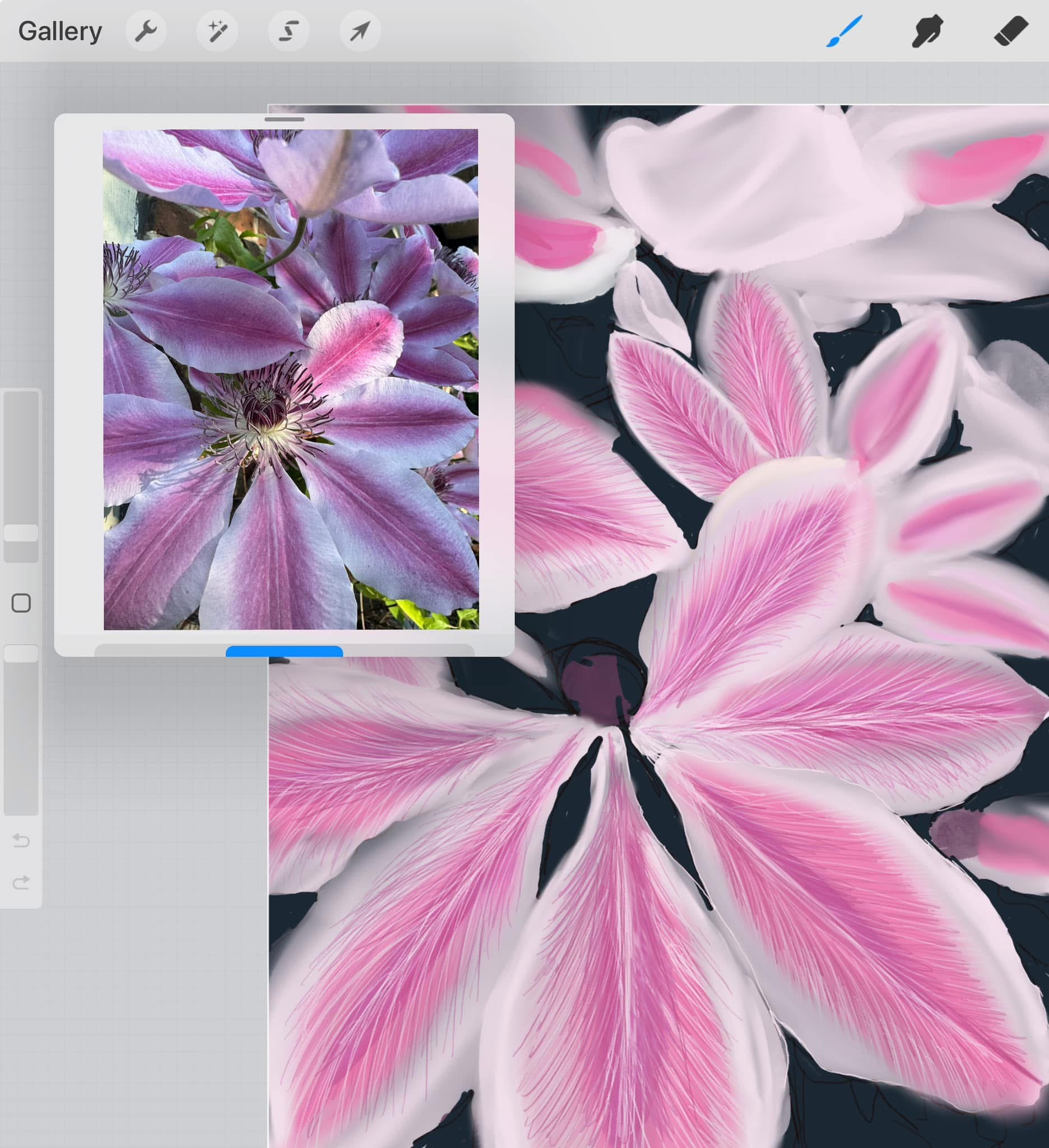 Clematis in Procreate in uitvoering, met de referentiefoto ernaast
