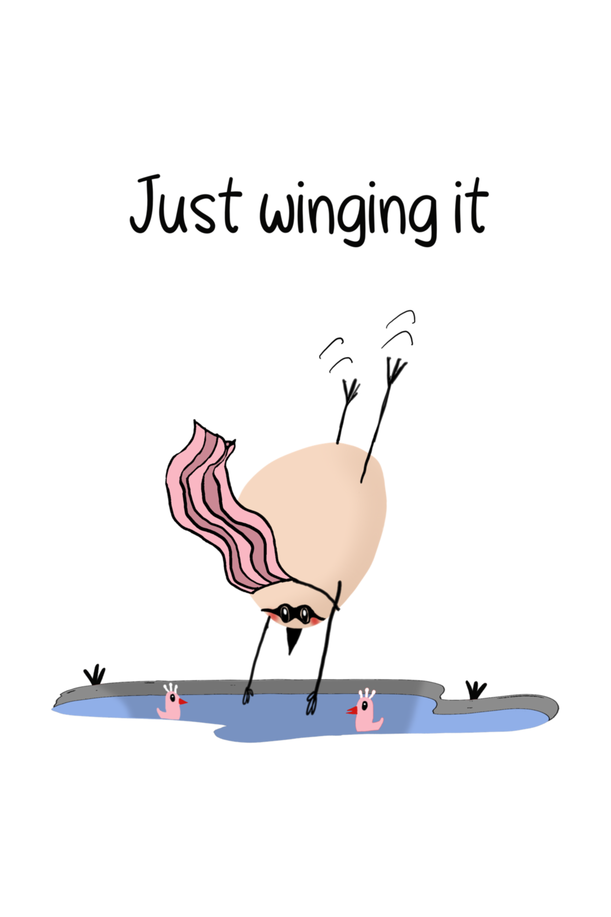 Kaart Just Winging It met een ei dat ondersteboven boven het water hangt en twee kleine roze vogels.