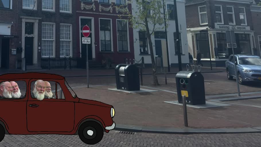 Getekend rood autootje met meerdere keren dezelfde man